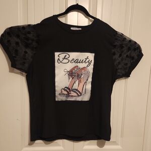 Black Graphic Tee with Sheer Polka Dot Sleeves